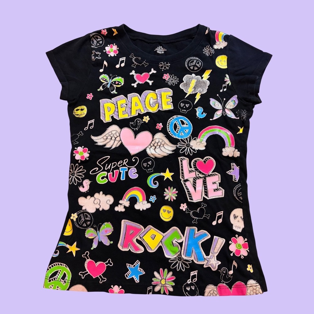 Y2K Doodle Graphic Tee Black Glitter Peace Love Rock T-Shirt Scene #19